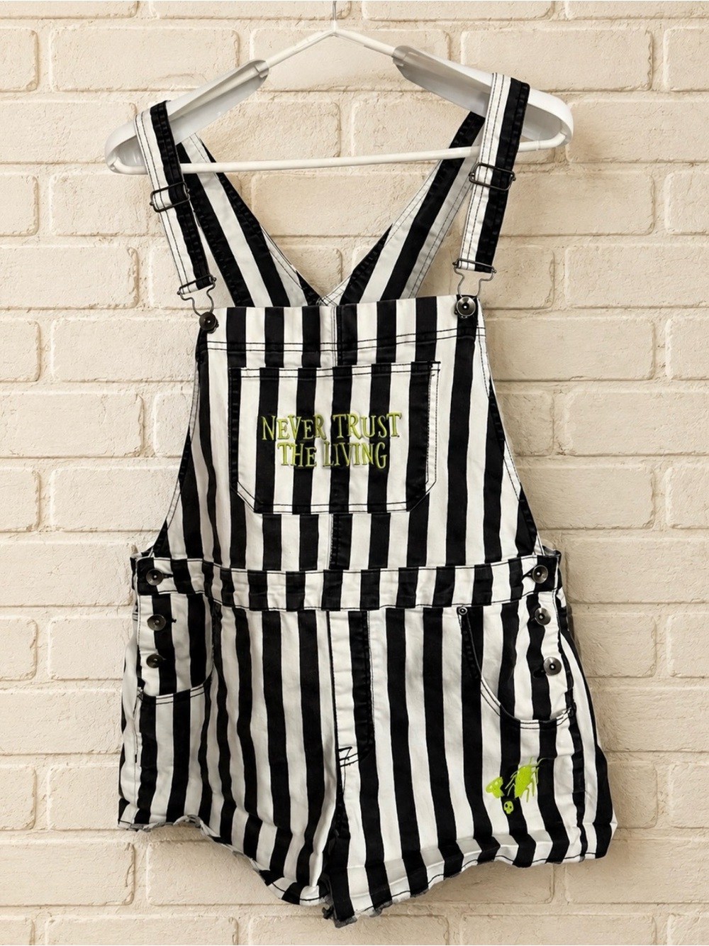 Beetlejuice Black & White Striped Overall Shorts "Never Trust the Living" Large